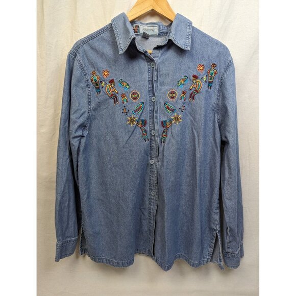 Passion-I Women's Vintage Denim Southwestern Embroidered Button Up Shirt Sz L - Picture 1 of 6